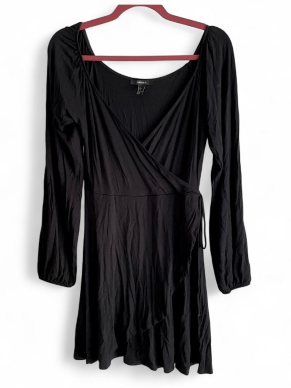 Forever 21 Black Long Sleeve Faux Wrap Knit Mini Dress Size L